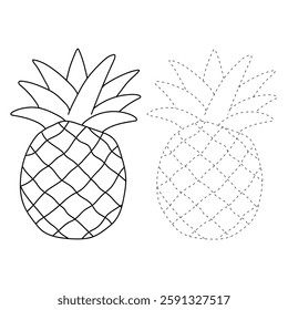 Doodle pineapple summer fruit isolated on white background vector. Pineapple summer fruit coloring page for kids. Trace and color pineapple.