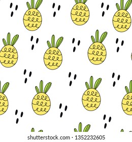 Doodle pineapples. Hand drawn colored vector seamless pattern. Flat design. Trendy style