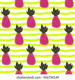 Doodle pineapples on stripy background. Seamless pattern.