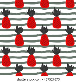 Doodle pineapples on stripy background. Seamless pattern.