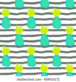 Doodle pineapples on stripy background. Seamless pattern.