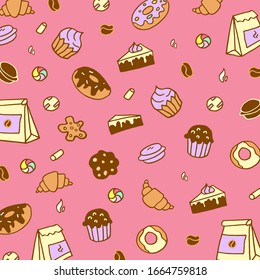 Fondo rosado Doodle con galletas, malvaviscos, latas de caramelo, macarons, bolsas de artesanía, donuts, tartas de queso, magdalenas, pastelitos y cruasanes.