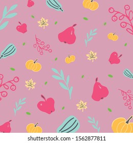 Doodle pink background with pears, apples, pumpkins, zucchini, berries and leaves.