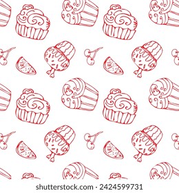 Doodle Pink Cupcake Outline Hintergrund für Bäckerei. Vektorgrafik isoliert. Muster kann für Grußkarte, Einladung, Menühintergrund, Poster, Textil, Packpapier, Feierabend-Banner verwendet werden