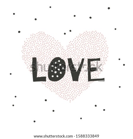 Doodle pink dotted heart isolated on white dotty background with love paper cut lettering. Simple childish hearty illustration in vector. Valentines Day design idea.