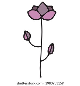 Doodle pink flower hand-drawn, green leaves. Black outline. White background. Vector image. Floral design for greeting cards, for accessories. Baby style and cartoon style element.
