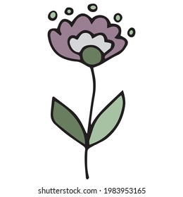 Doodle pink flower hand-drawn, green leaves. Black outline. White background. Vector image. Floral design for greeting cards, for accessories. Baby style and cartoon style element.
