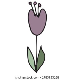 Doodle pink flower hand-drawn, green leaves. Black outline. White background. Vector image. Floral design for greeting cards, for accessories. Baby style and cartoon style element.
