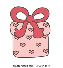 doodle pink gift box. hand drawn present. present with ribbon. valentine day