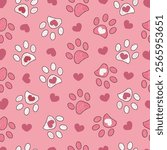 
Doodle pink heart pattern with paw print