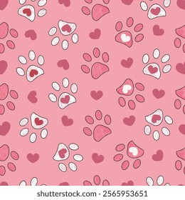 
Doodle pink heart pattern with paw print