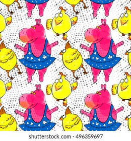 Doodle pink hippo ballerina and yellow chicken seamless pattern with retro halftones. Kid's drawings style