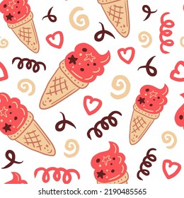 Doodle pink ice cream seamless pattern. Cute glamour repeat vector illustration with falling dessert heart. Adorable girly cartoon style festival valentine wrapping paper packaging greeting textile