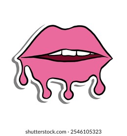 Doodle Pink Melting Lips on white silhouette and gray shadow. Hand drawn cartoon style. illustration for decorate and any design.