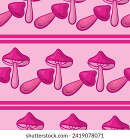 Doodle pink mushrooms seamless pattern in horizontal rows with stripes vector illustration