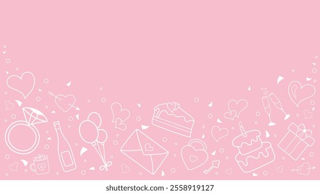 Doodle pink party background Birthday and Valentine's Day Hand Drawn Fun Banner with Line Art Holiday Icons, Cake, Balloons, Envelope, Ring, Gift, Glasses. Vector Design for Web, wallpapers, wrapping.