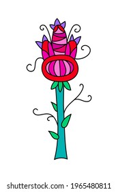 Doodle pink and red fantasy flower with thorns and tendrils. Sketchy cartoon style blooming magic plant. Decorative graphic design element. Fairy tale nature print.