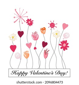 
Doodle pink roses daisies and hearts. Happy Valentine's day greeting card, textile t-shirt design element vector