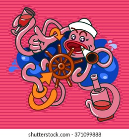 Doodle pink squid with a bottle of wine on a striped background