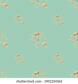 Doodle piracy seamless hand drawn pattern with light beige skull and bones ornament. Light blue background. Stock illustration. Vector design for textile, fabric, giftwrap, wallpapers.