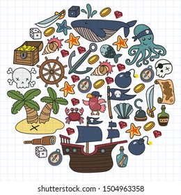 doodle pirate elememts, vector illustration.