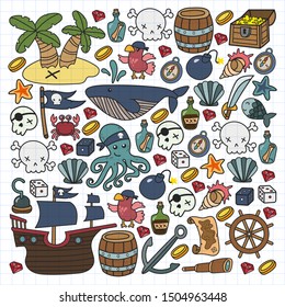 doodle pirate elememts, vector illustration.