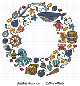 doodle pirate elememts, vector illustration.