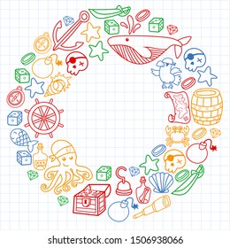 doodle pirate elememts, vector illustration.