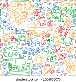 doodle pirate elememts, vector illustration. seamless