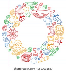 doodle pirate elememts, vector illustration.