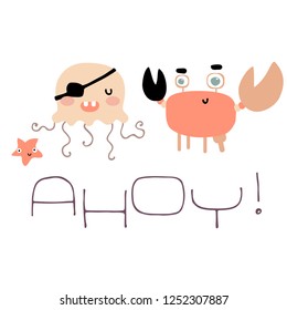 Doodle piratical card. Hand drawn vector illustration with cute pirates