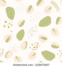 Doodle pistachios  and abstract elements. Vector seamless pattern. Hand drawn illustrations.