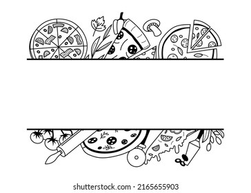 Doodle pizza frame. National Italian food ingredients border, pizza slice with tomato cheese mushrooms sketch. Vector menu promotion banner. Dough and vegetables for meal, cooking equipment