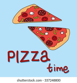doodle pizza with hand drawn letters on blue background
