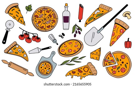 Ingredientes de pizza de Doodle. Cocina nacional italiana de colores con tomate de queso y aceite de oliva. Elementos gráficos del menú del restaurante vectorial. Sabrosa comida caliente con salchichas y verduras