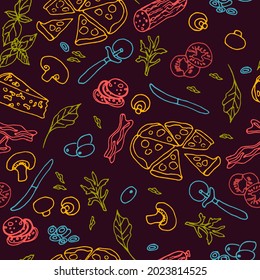 Ingrediente de patrón de pizza Doodle, gran diseño para cualquier propósito. Ilustración vectorial de material aislado con una máscara de recorte. 