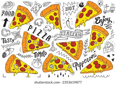 doodle pizza slice and ingredients elements icon set