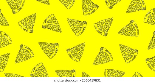 Doodle pizza slice seamless pattern on yelow background. Fast food pizza sketch motif. Vector illustration