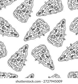 Doodle Pizza Scheiben Muster Hintergrund. Doodle Pizza Scheiben Muster Design. Nahtloses Muster der Pizzascheiben-Umrisse. Doodle Fast Food Muster Hintergrund.