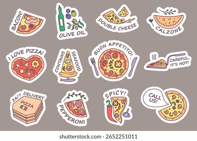 Doodle pizza stickers. Bacon, pepperoni, Italian calzone and spicy pizzas. Double cheese, olive oil, contains seafood, careful hot, delivery and call us vector illustrations set.