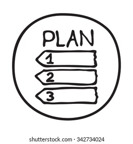 Doodle Plan icon. Blue pen hand drawn infographic symbol on a notepaper piece. Line art style graphic design element. Web button with shadow. To Do list, project planning, step by step concept. 