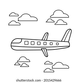 doodle plane illustration coloring book and clouds illustration.