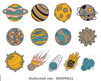 Doodle planets. Hand drawn universe planets and meteorites, cute solar system bodies. Cosmic elements vector background illustration. Celestial objects set isolated. Asteroids, sun elements