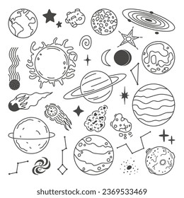 Planetas Doodle, planeta de esbozo espacial y estrellas. Iconos astronómicos, sol abstracto, luna y tierra. Sistema solar, conjunto de vectores neoterinos celestiales