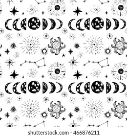 Doodle planets and stars. Seamless pattern.