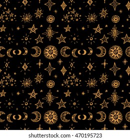 Doodle planets and stars. Seamless pattern.