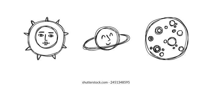 Doodle planets and sun. Space, stars, spaceship. Vector illustration.