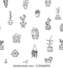 Doodle plant in faceted pot seamless pattern. Hand-drawn leaves, succulents, cactus, poly flower pot. Outline home plants isolated on white background. Cute illustration polygonal element for interior