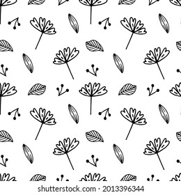 doodle plant pattern. Seamless background. Cute abstract flowers and leaves. Minimalistic design. Universal design for textiles, digital paper, cosmetics packaging. Vector illustration, hand drawn
