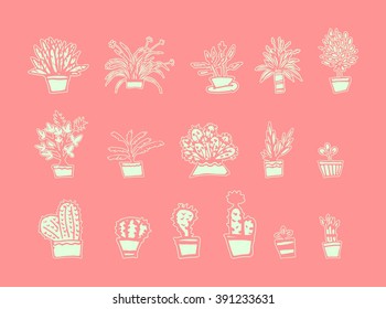 doodle plant in pot set, vector